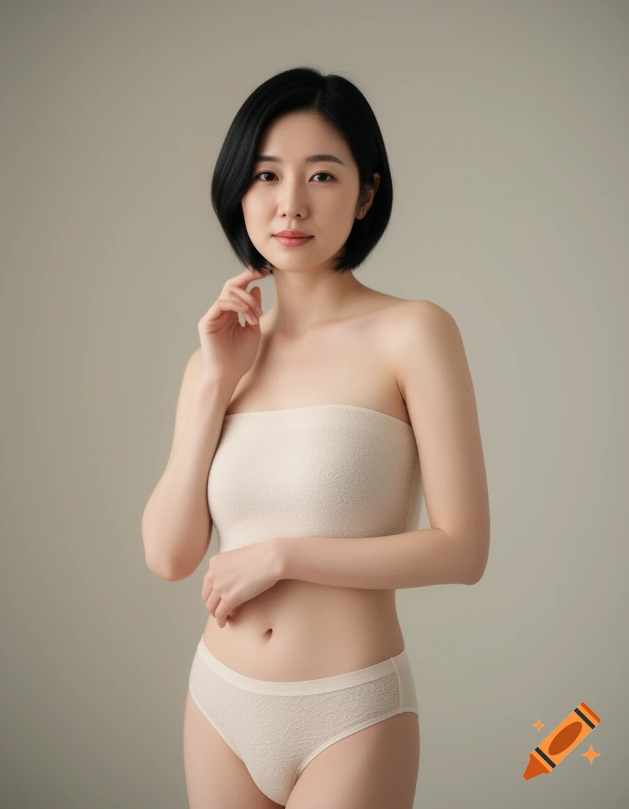 A woman with short dark hair stands facing forward, wearing a cream strapless top and matching underwear against a plain background.