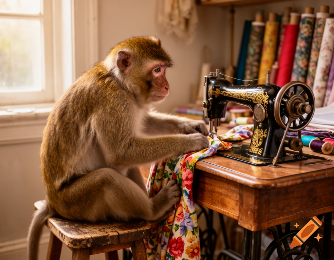 A photorealistic monkey sits on a stool, meticulously working on a floral fabric with an antique sewing machine in a sunlit room.