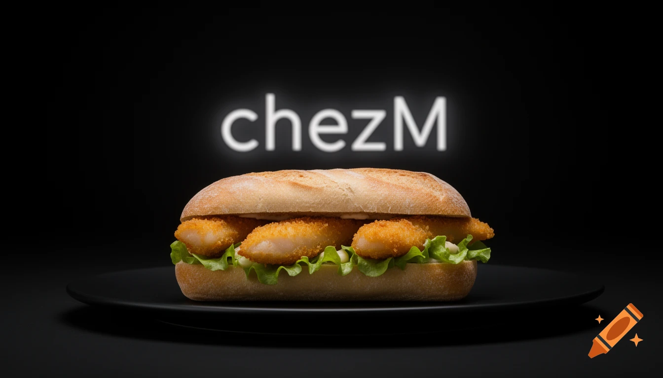 A photorealistic long fish nugget sandwich with lettuce and sauce on a black plate, with 'chezM' neon text in the background.