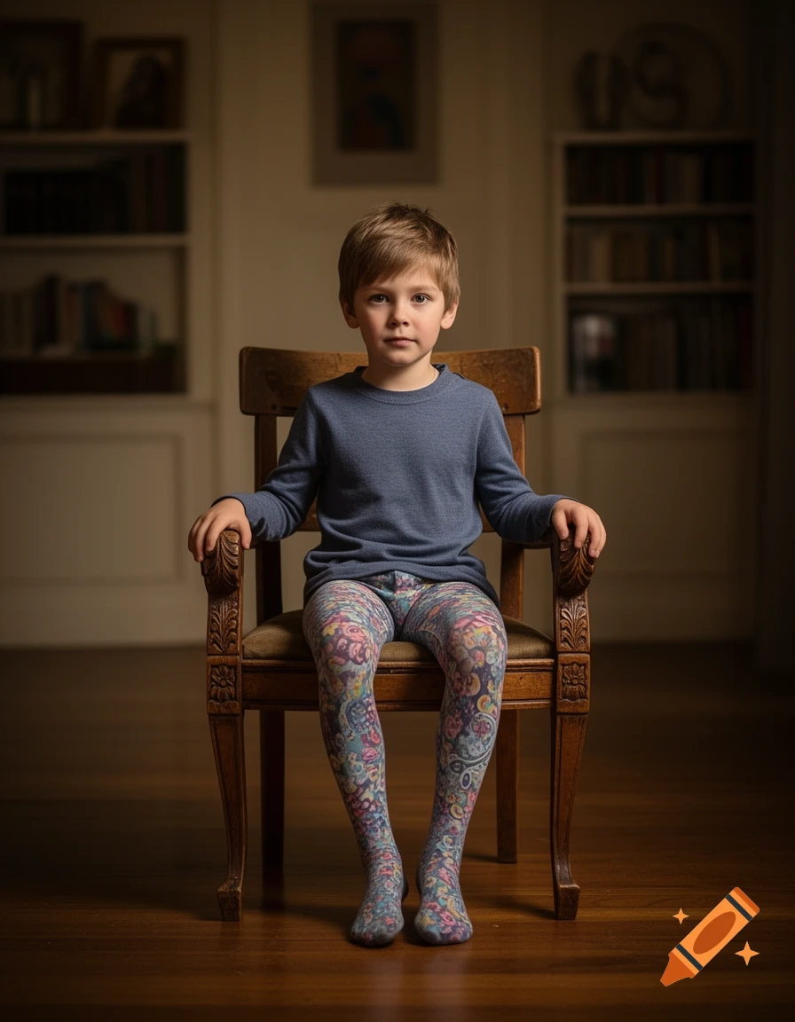 A young boy with blond hair sits on a wooden chair, wearing a blue shirt and colorful patterned tights, looking at the camera.