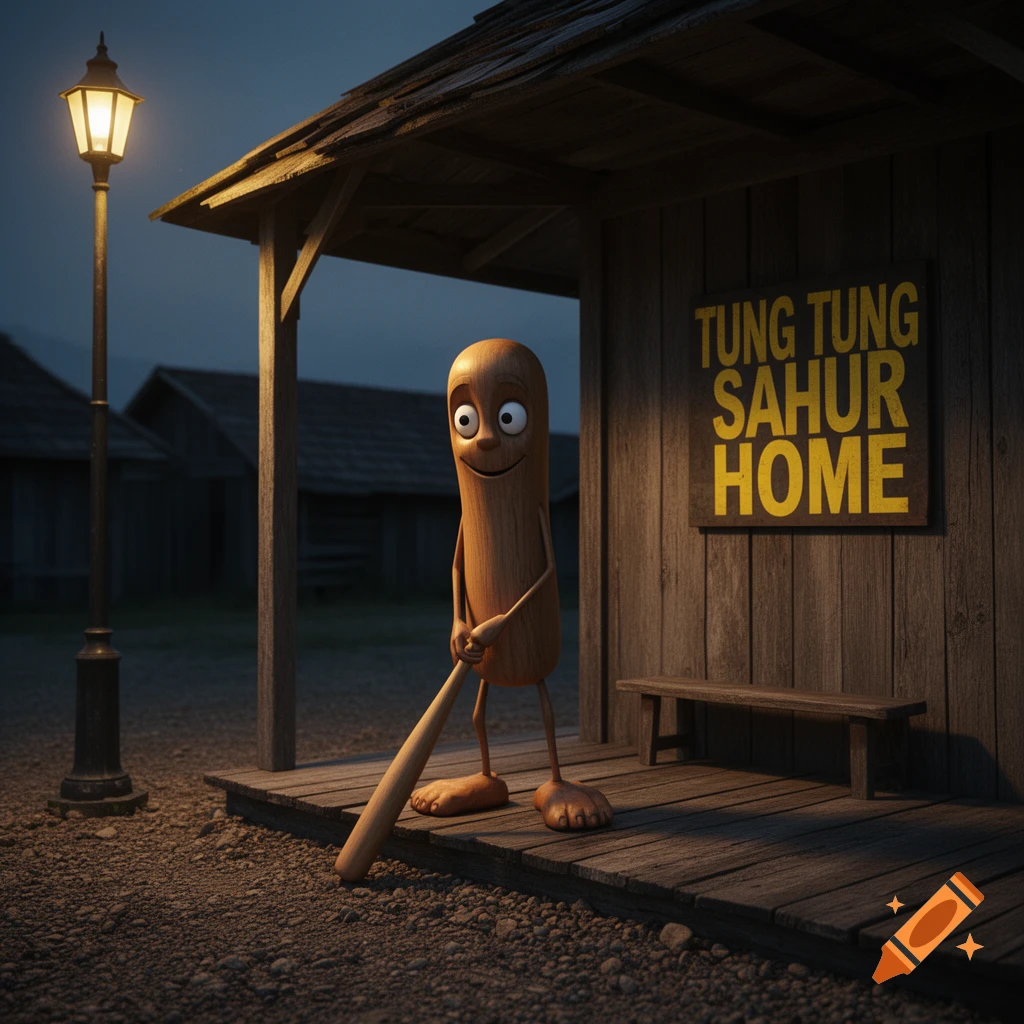 A photorealistic 3D render of a wooden character with large eyes holding a baseball bat on a rustic porch at twilight.