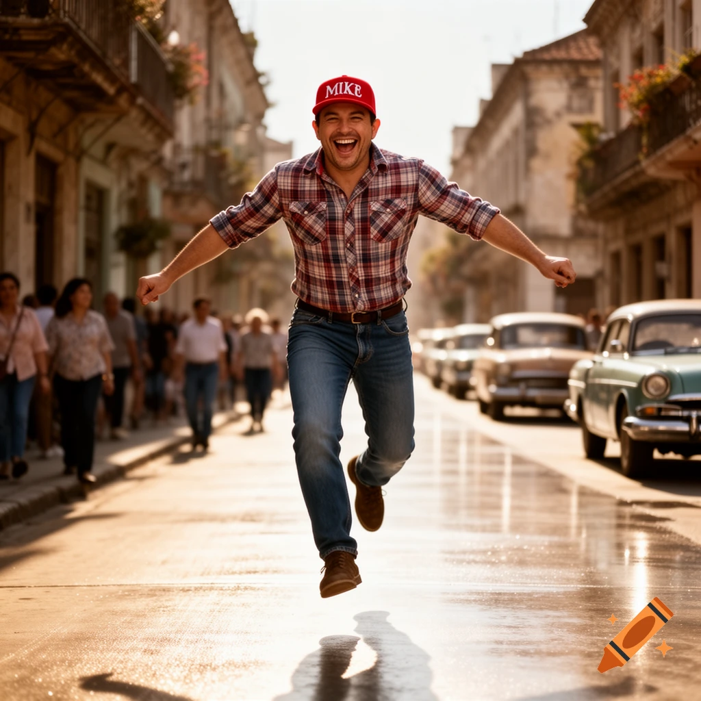 A man in a red cap, plaid shirt, and jeans joyfully skips down a sunny city street lined with vintage cars and blurred pedestrians.