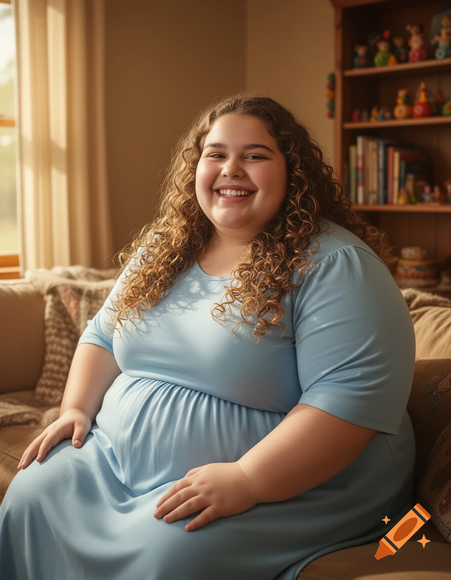 A smiling young woman with curly hair sits on a couch in warm indoor lighting, a bookshelf visible.
