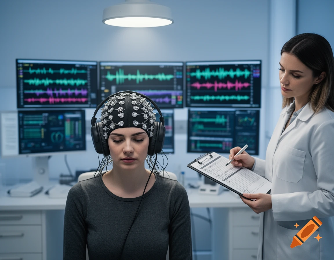 A woman in an EEG cap and headphones undergoes a brain study, while a female scientist records data in a modern lab.