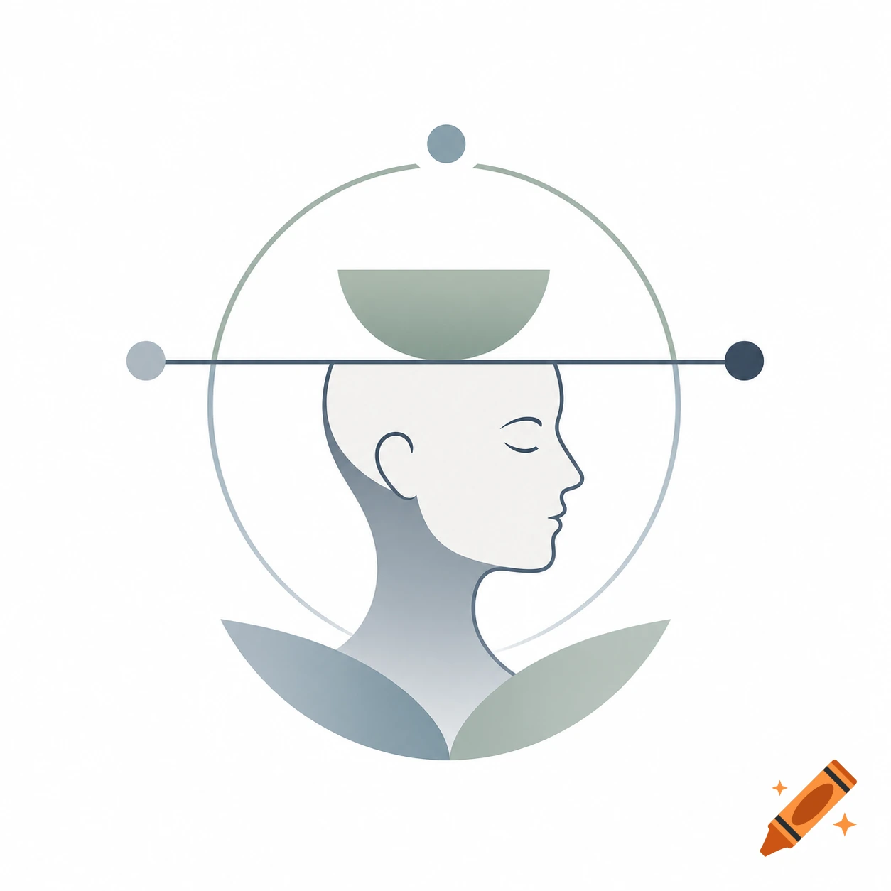 Minimalist abstract logo of a head in profile balancing a bowl, with geometric elements.
