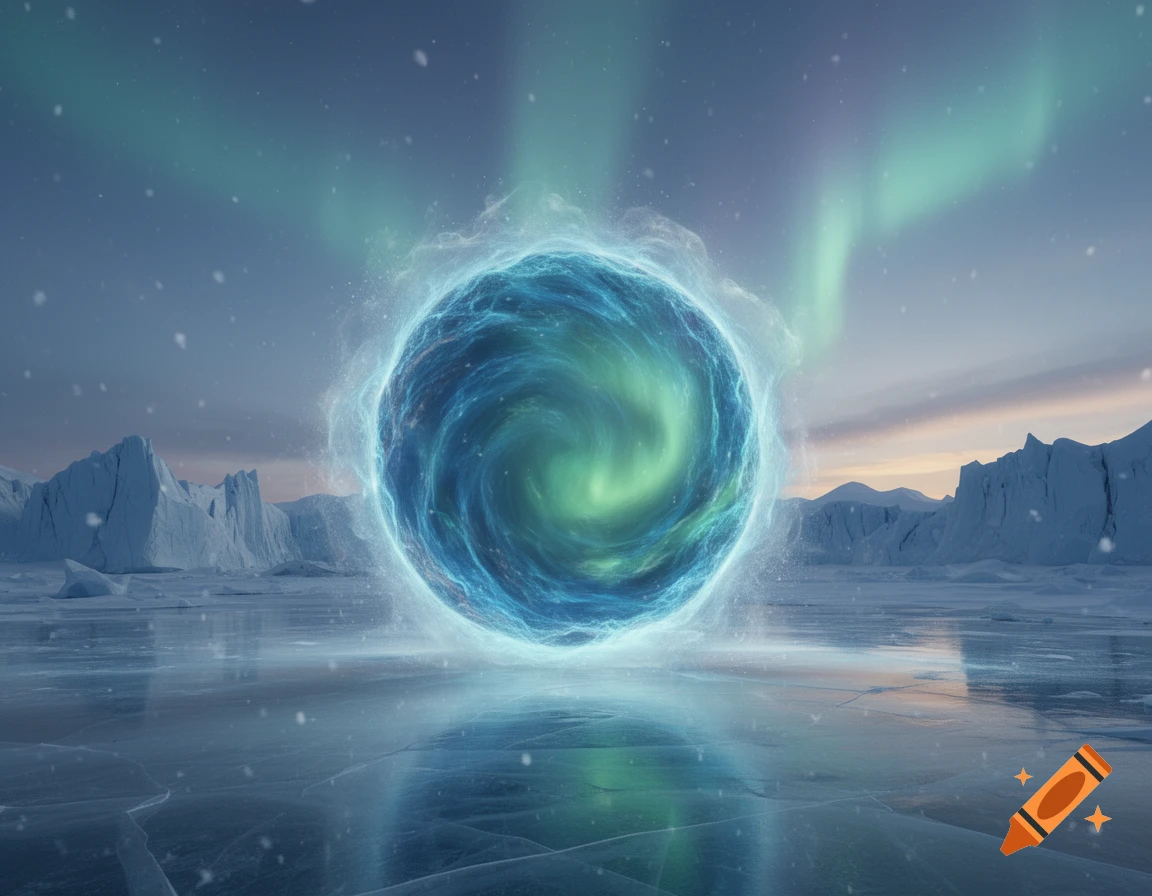 A glowing blue-green portal swirls above a vast, reflective icy plain with snow-capped mountains and auroras under a snowy sky.