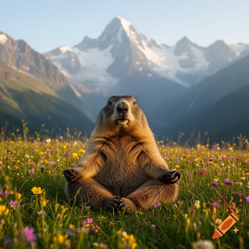 A marmot meditating in a vibrant wildflower meadow with majestic snow-capped mountains.
