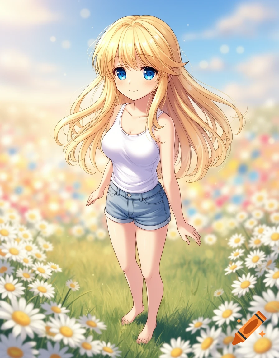 Anime girl with blonde hair and blue eyes, wearing a white tank top and jean shorts, standing barefoot in a sunny field of daisies.