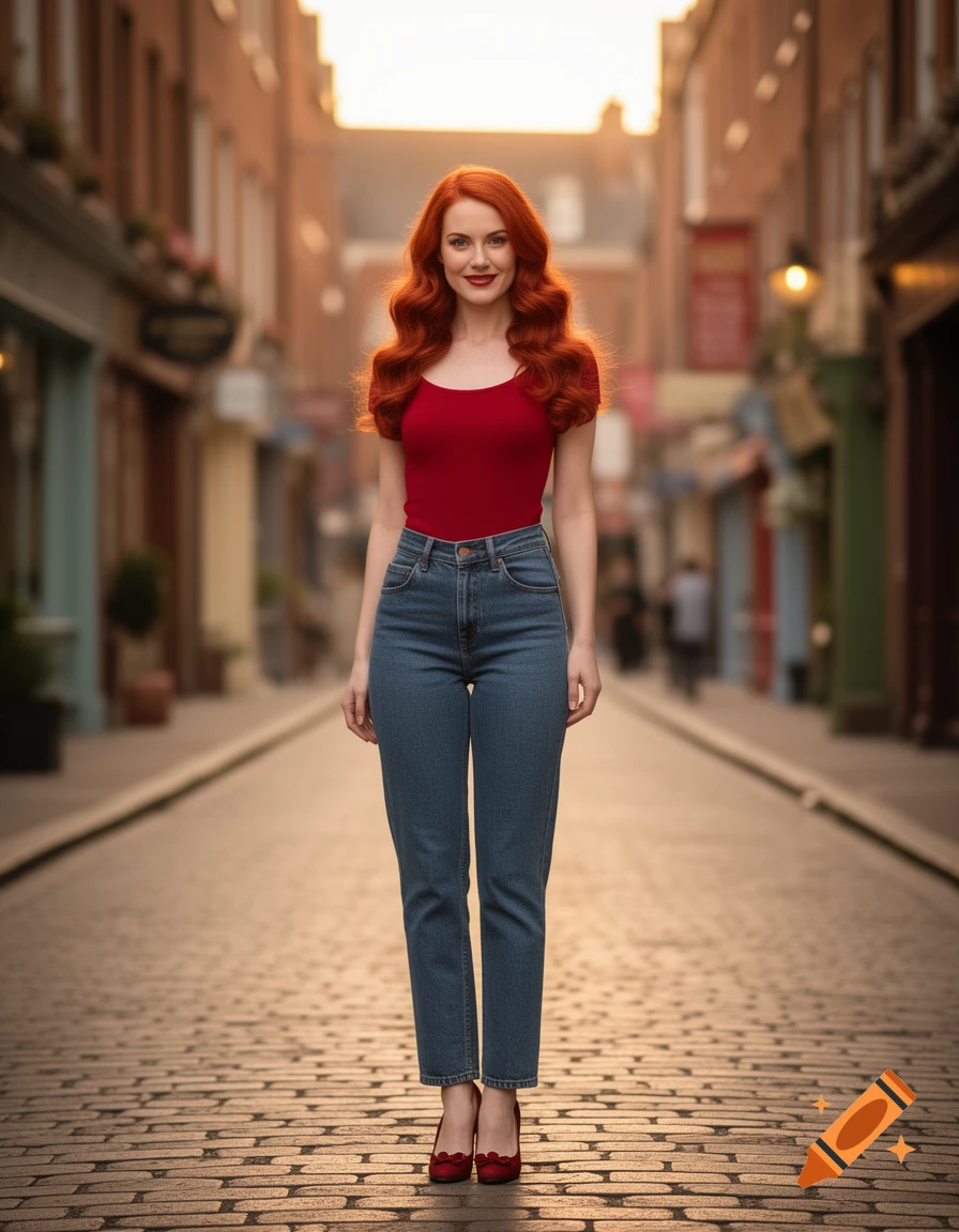 A red-haired woman in a red top and blue jeans stands smiling on a cobblestone street in a city.