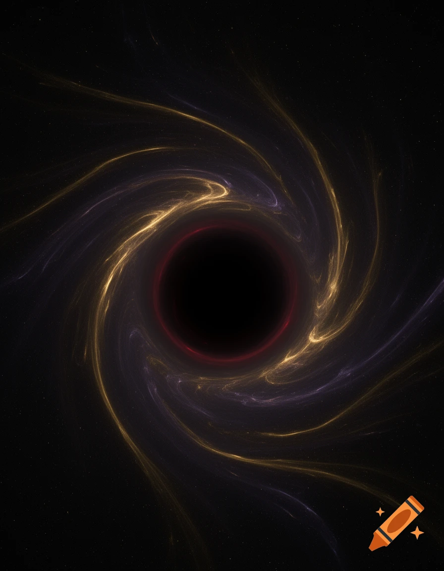 A vibrant black hole with a dark center, a subtle red ring, and swirling gold and purple light against a starry cosmic background.