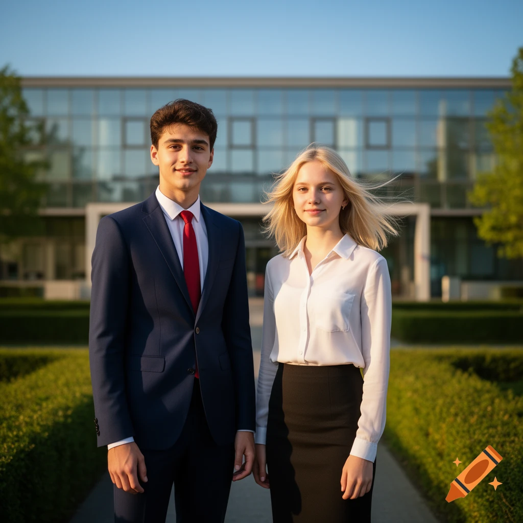 A young man in a suit and a young woman in a blouse and skirt stand in front of a modern glass building.