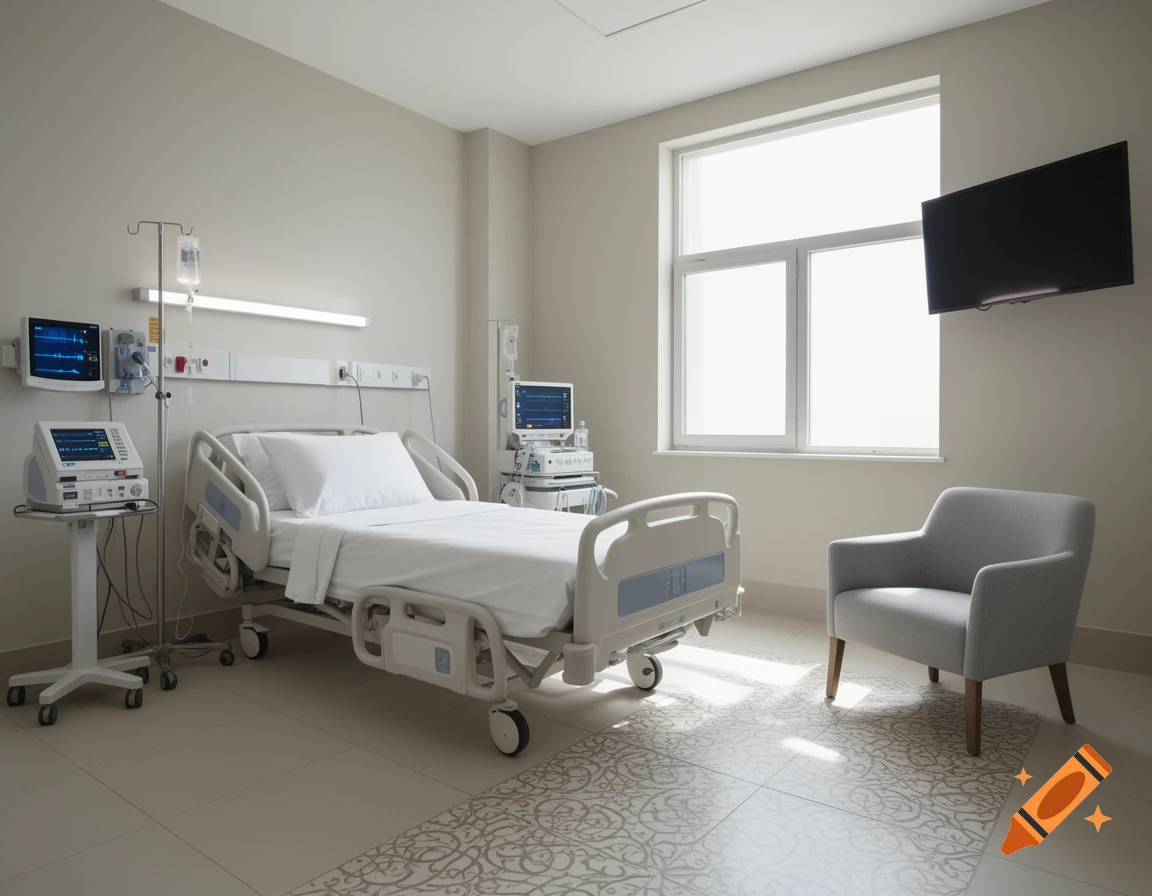 Photorealistic image of an empty hospital room with a bed, medical monitors, a large window, and an armchair.