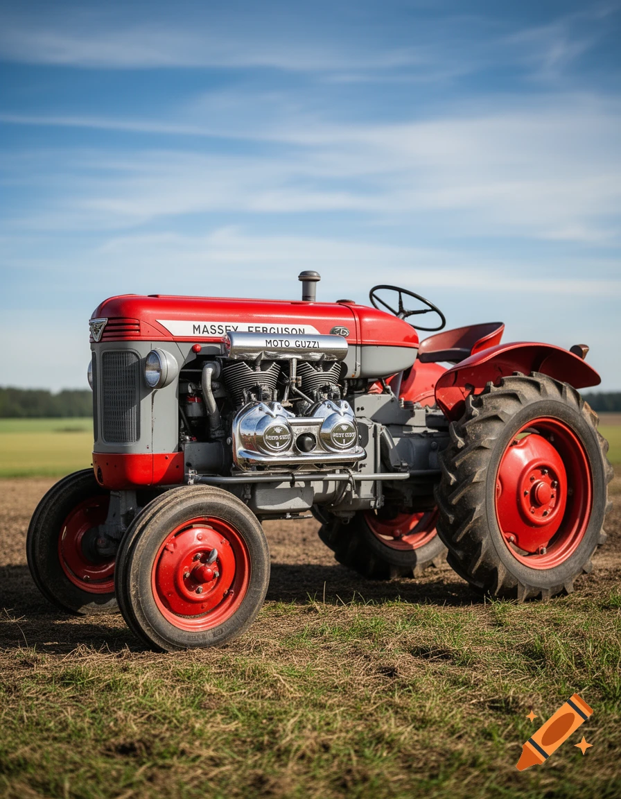 Photorealistic image of a vintage red and gray Massey Ferguson tractor with a Moto Guzzi V engine, parked in a field.