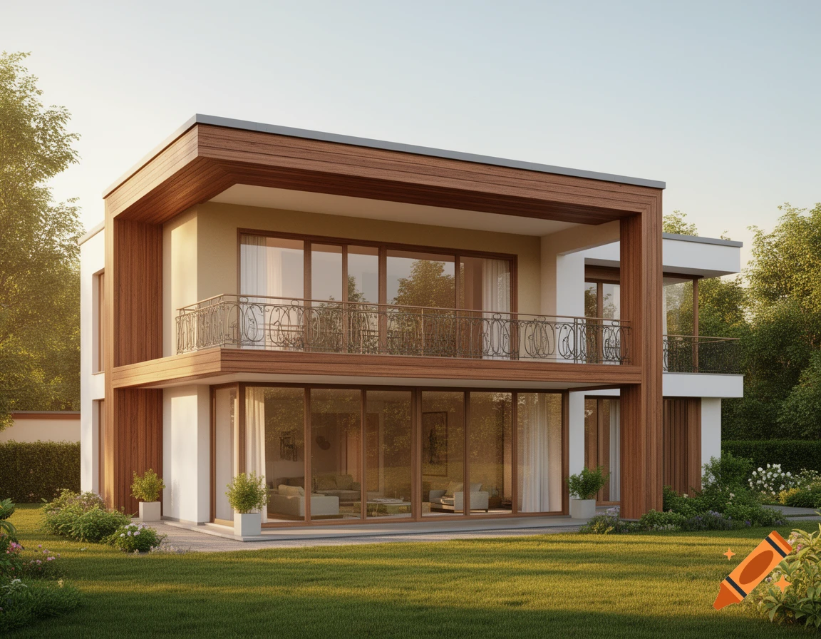 Photorealistic modern house with white, beige, and wood exterior, large windows, a balcony, and a green lawn.