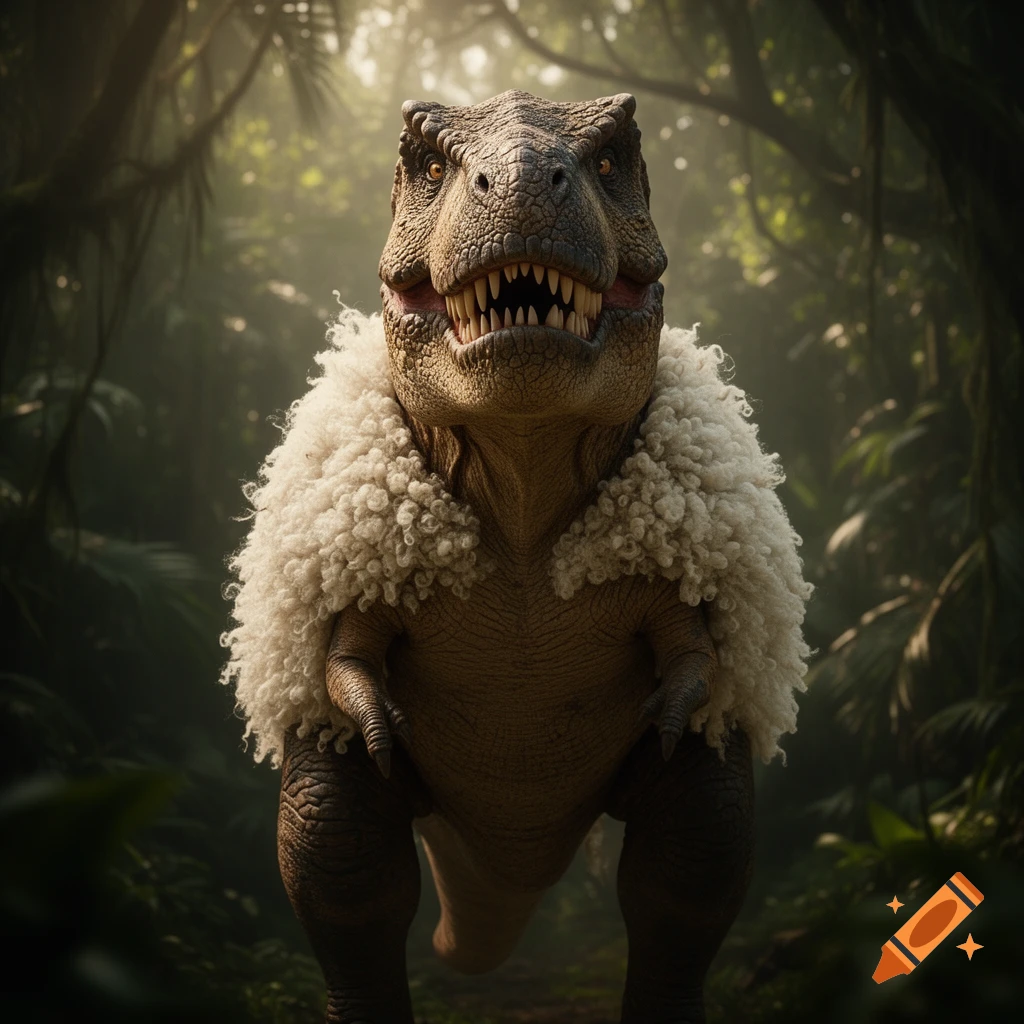 A photorealistic Tyrannosaurus Rex wearing a white sheepskin coat stands frontally in a misty jungle.