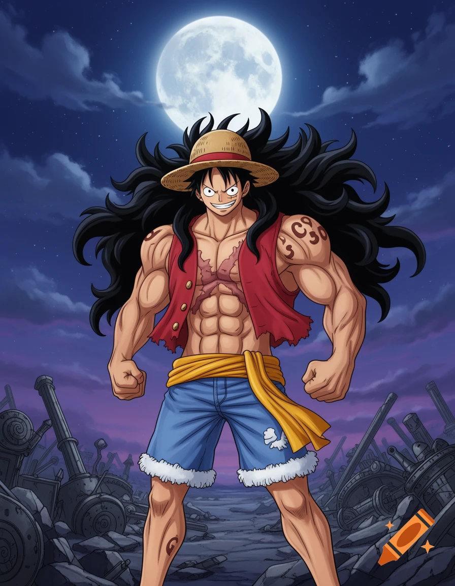 A muscular anime character resembling Luffy from One Piece with long black hair, straw hat, and ripped red vest stands under a full moon, with a destroyed battlefield in the background.
