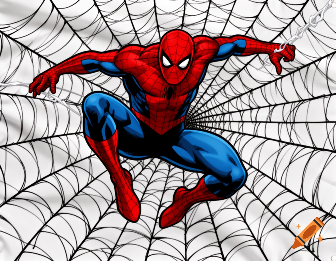 Spider-Man in a dynamic, crouching pose, clad in his classic red and blue suit, against a white background with a bold black spider web pattern in comic book style.