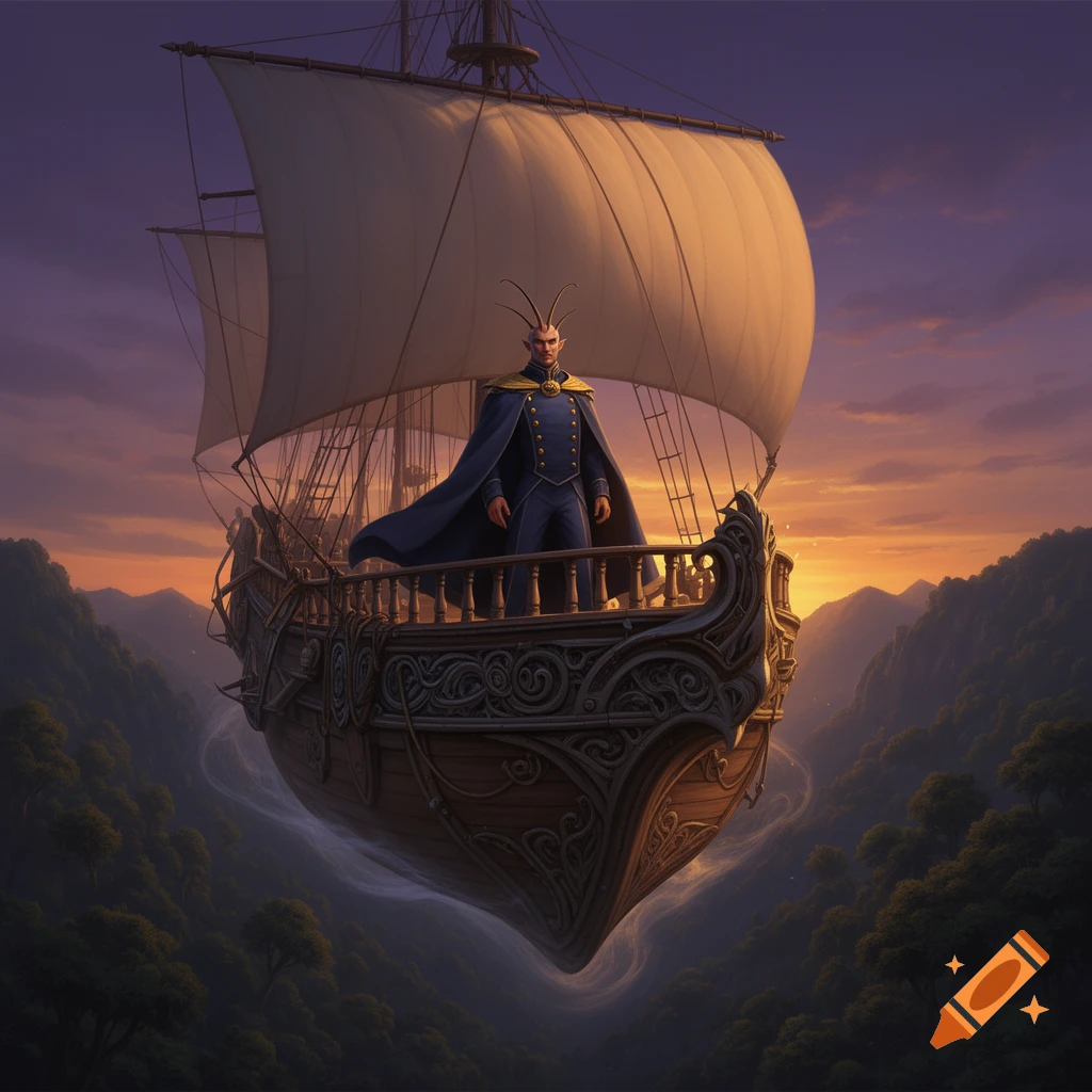 A male Lashunta captain with red skin and antennae stands on an ornate flying airship, soaring over a lush valley at sunset.
