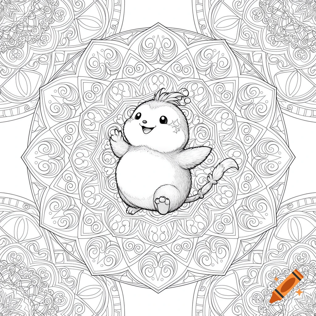 A black and white coloring page featuring a cute, fluffy Pogopuschel creature waving in front of intricate mandala patterns.