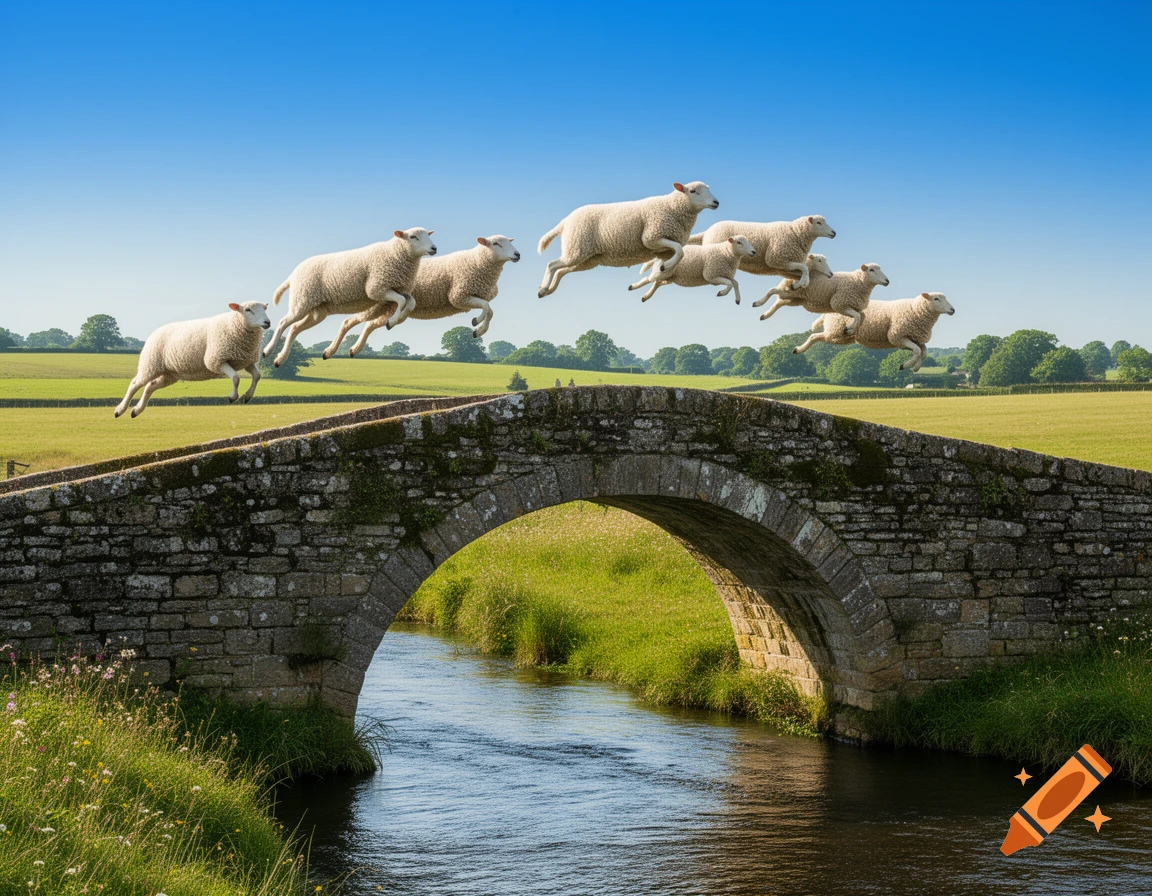 A group of sheep leap through the air above a stone arch bridge, spanning a river in a bright green pastoral landscape.