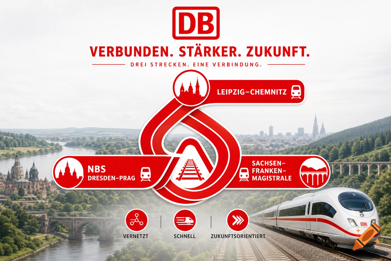 Infographic for Deutsche Bahn showing a white train, river, cityscapes, and a red logo connecting three German railway routes.