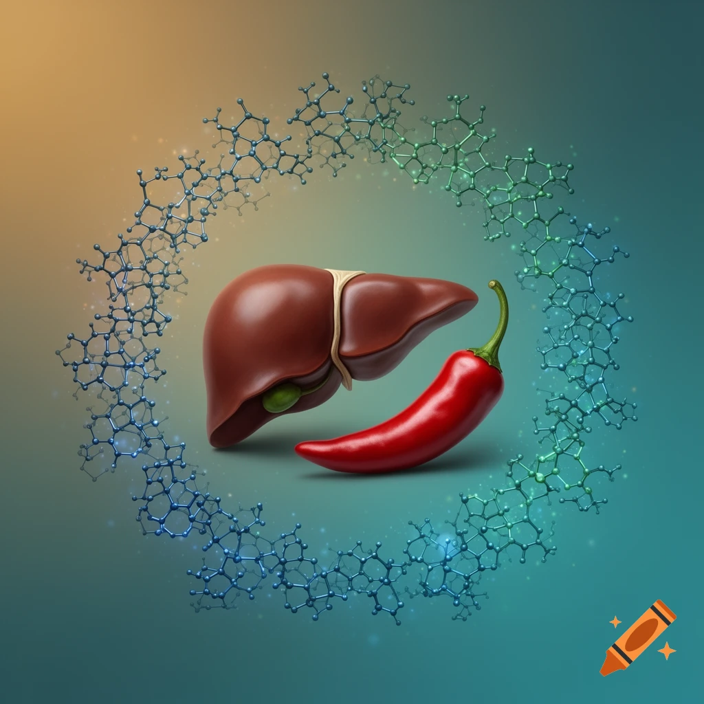 A 3D medical illustration showing a human liver next to a red chili pepper, both encircled by molecular structures.