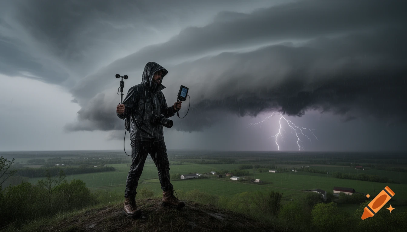 A storm chaser in rain gear holds weather instruments, standing on a hill overlooking a green landscape with a lightning strike in the distance under a dark, cloudy sky. Photorealistic style.