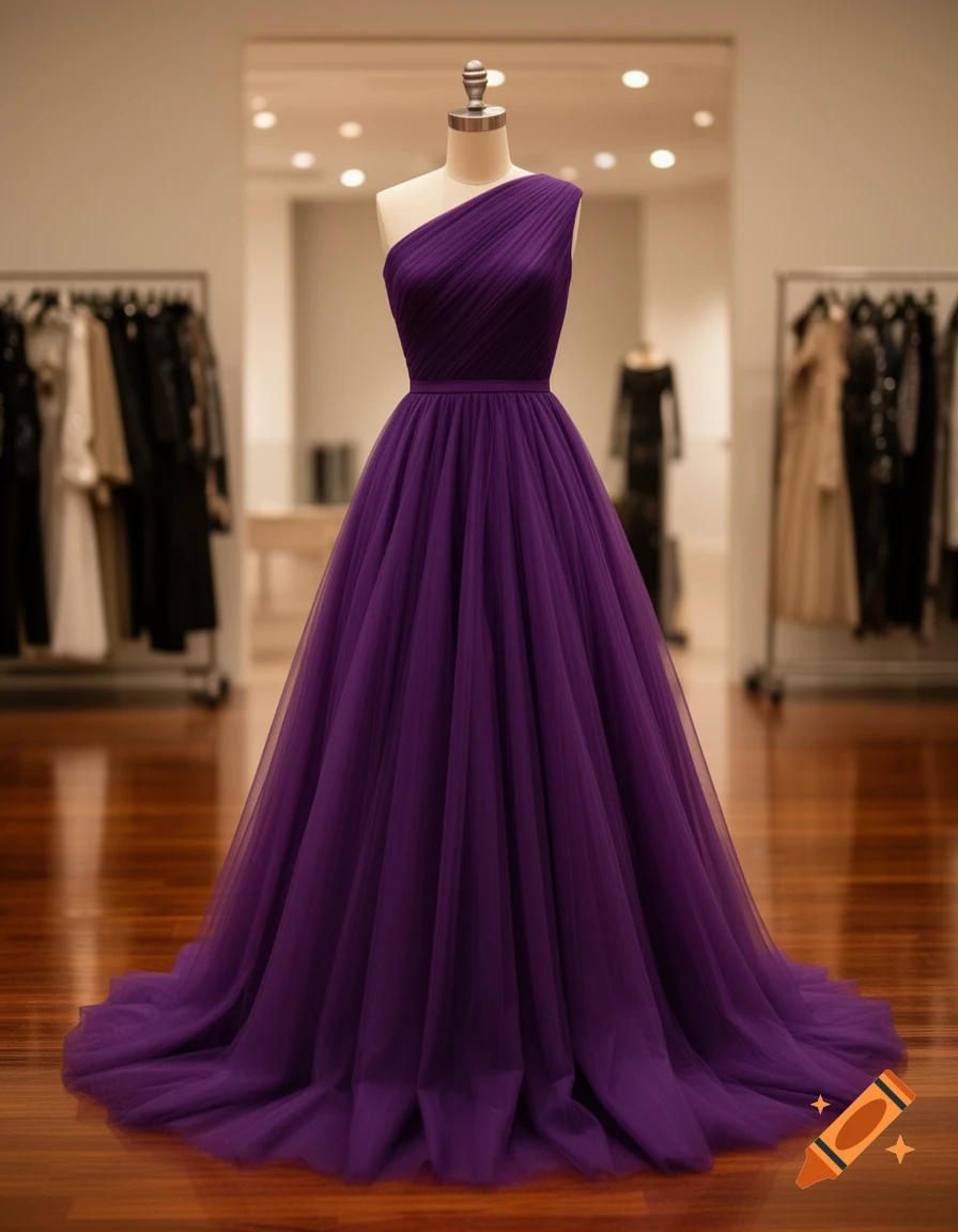 Purple tulle ballgown dress with an asymmetric neckline on a mannequin in a boutique.