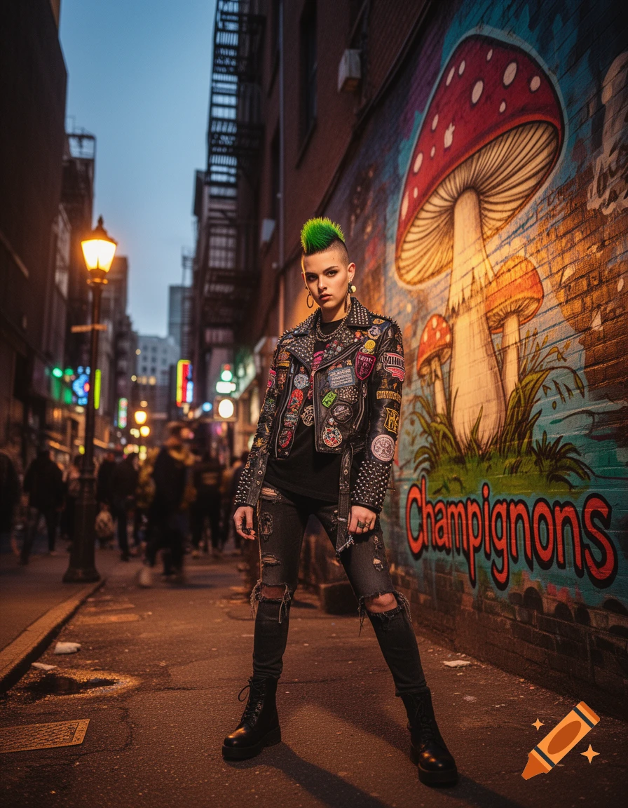 A person with a green mohawk, studded jacket, and ripped jeans stands in an urban alley next to mushroom graffiti on a brick wall, with blurred city lights.