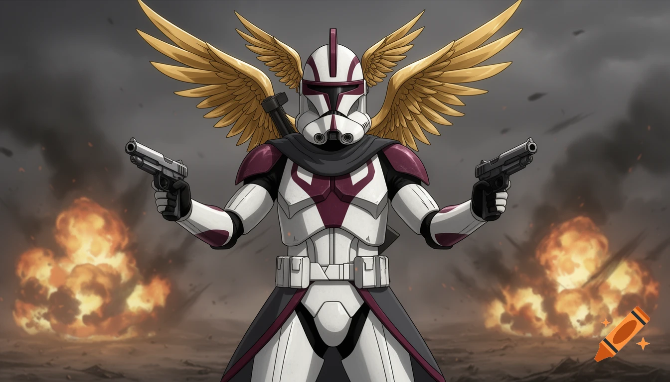 A white and burgundy Star Wars Clone Trooper Commander with golden wings on his back, holding two blaster pistols in a heroic pose, on a smoky battlefield with explosions. Animated style.