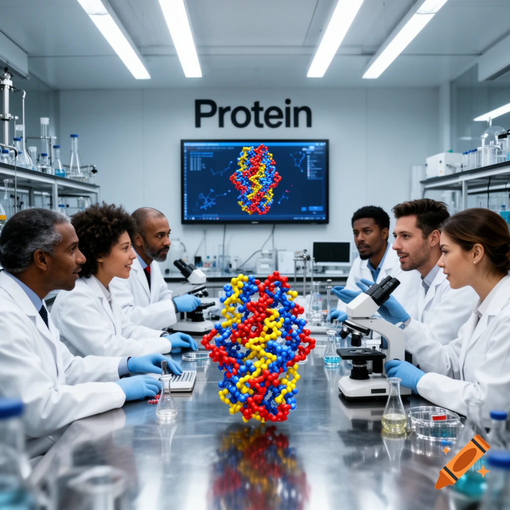Diverse scientists in a modern lab examining a large, colorful 3D protein model on a metallic table. 'Protein' is on the wall.