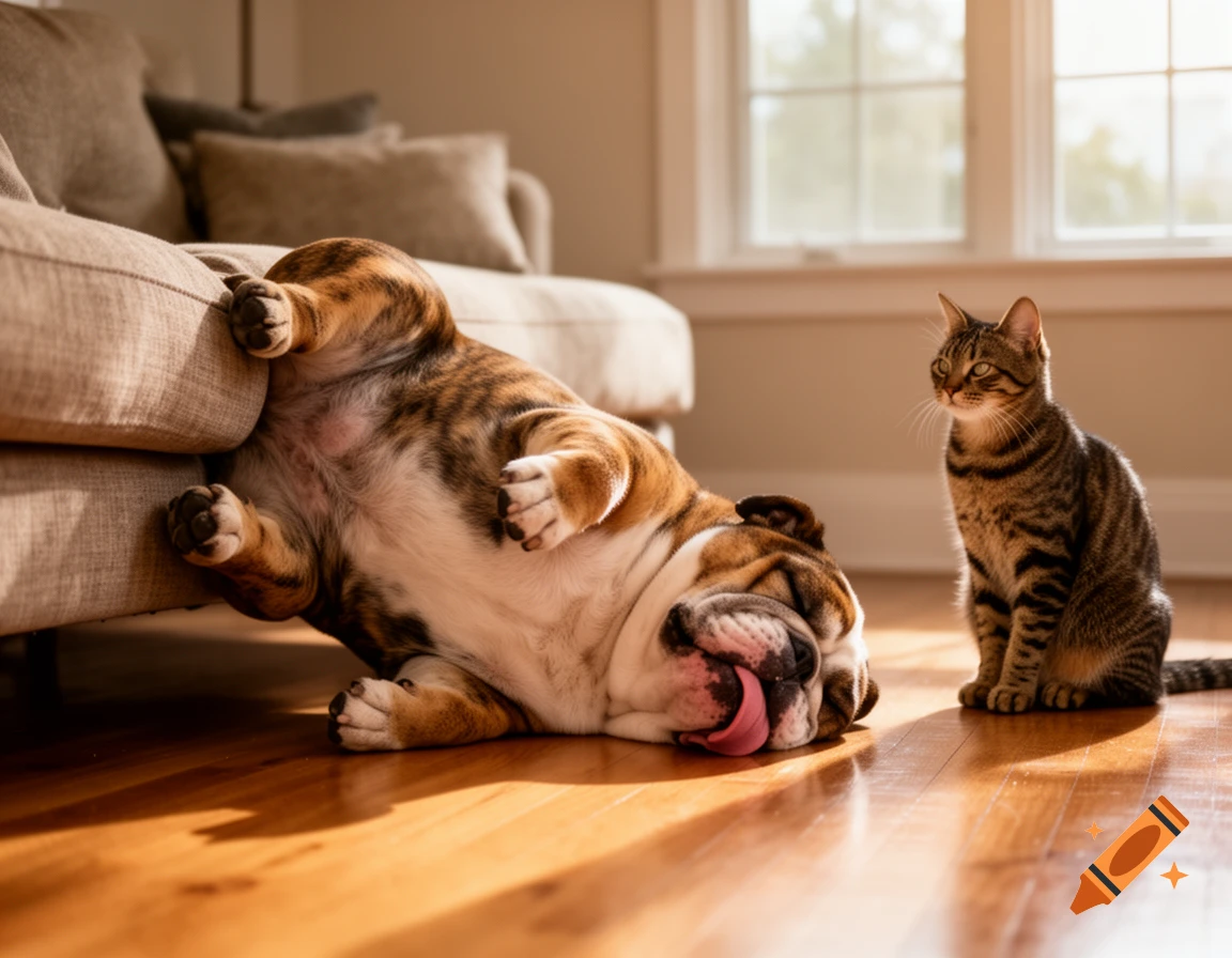 A bulldog lies on its back with its tongue out, paws on a sofa, while a tabby cat sits nearby on a wooden floor.