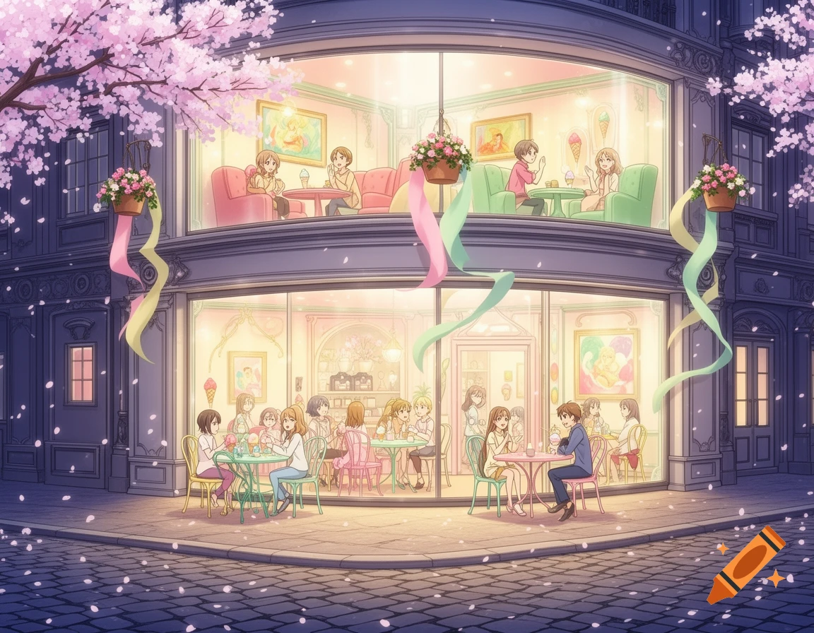 Anime-style cafe on a cobblestone street under falling cherry blossoms, with patrons enjoying drinks and treats inside and outside.