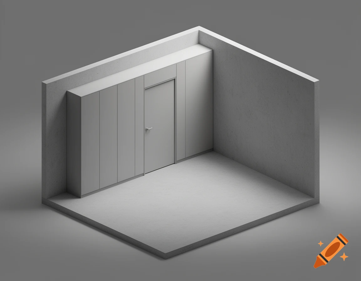 Isometric view of a minimalist room with white built-in cabinets and a door on one wall, set against a plain gray background.