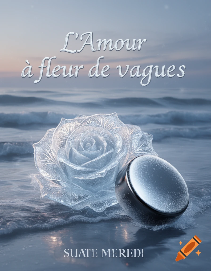 A fantasy book cover showing a crystal ice rose and a frosty hockey puck on gentle ocean waves under a soft sky. The title "L'Amour à fleur de vagues" is at the top.
