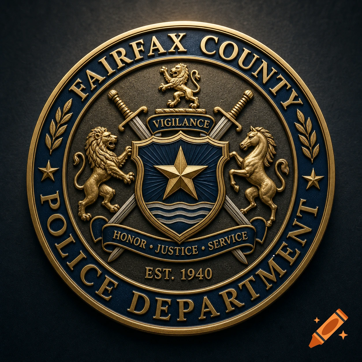 Gold and blue circular Fairfax County Police Department seal with lions, horse, swords, and central star.