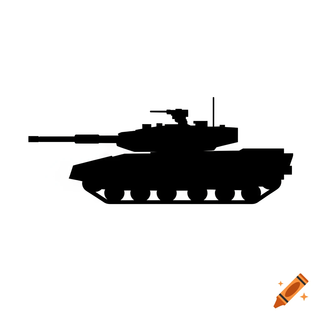A clean, minimalist black silhouette of a modern military tank in side profile on a white background.