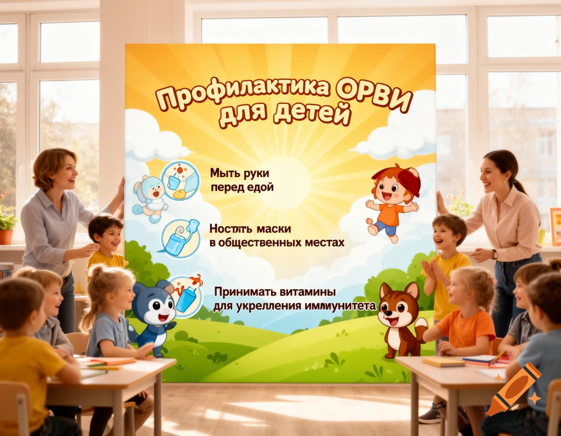 Two teachers and children in a bright classroom looking at a large health education poster about SARS prevention, featuring cartoons.
