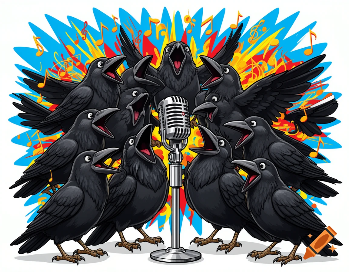 Cartoon black crows with open beaks sing around a vintage microphone, surrounded by colorful musical notes and abstract shapes.