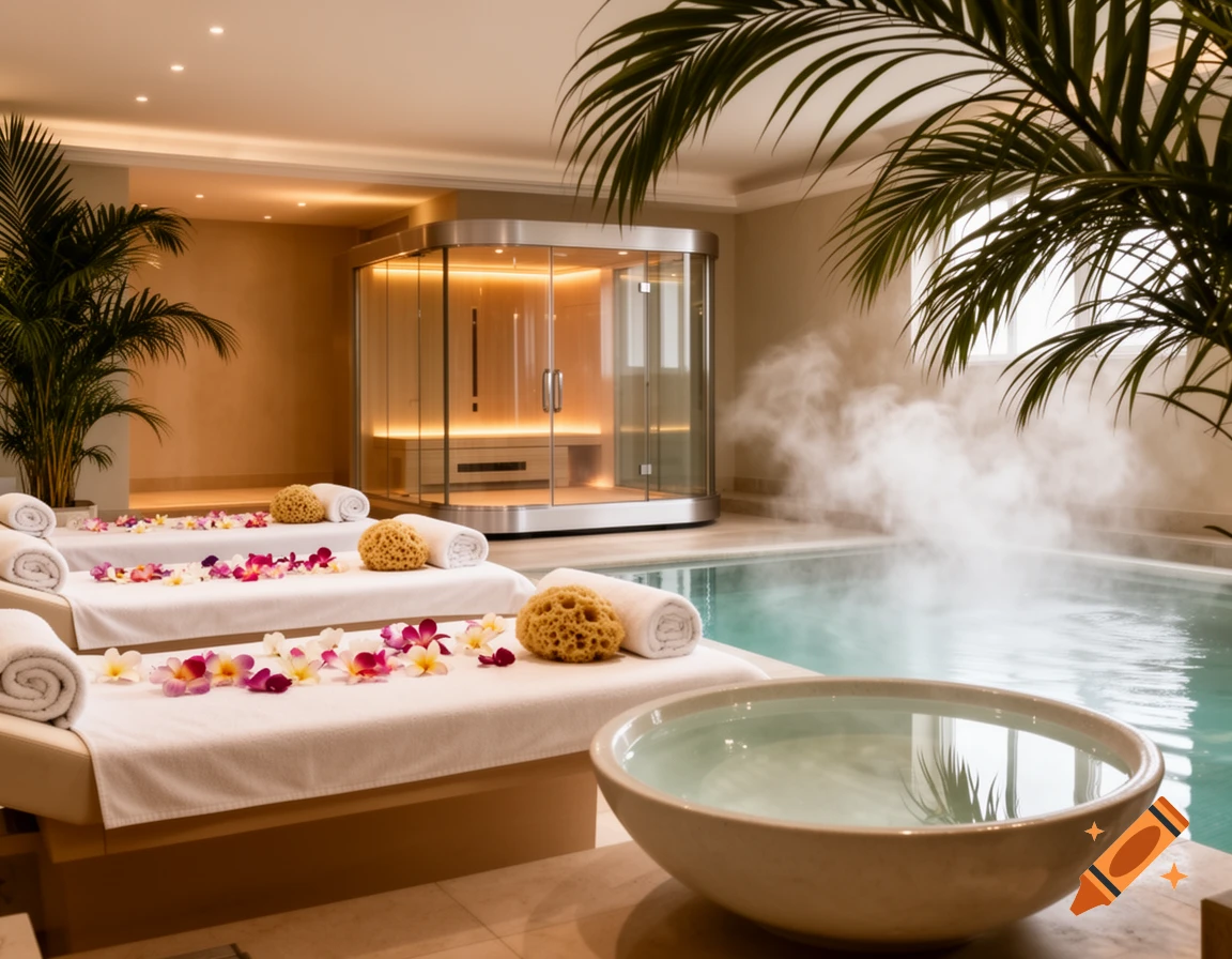Luxurious indoor wellness spa with a steaming pool, massage beds adorned with flowers, a modern sauna, and lush palm plants.