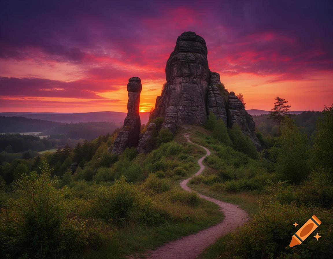 Photorealistic sunset over towering rock formations and a winding path through lush green hills under a vibrant red and purple sky.