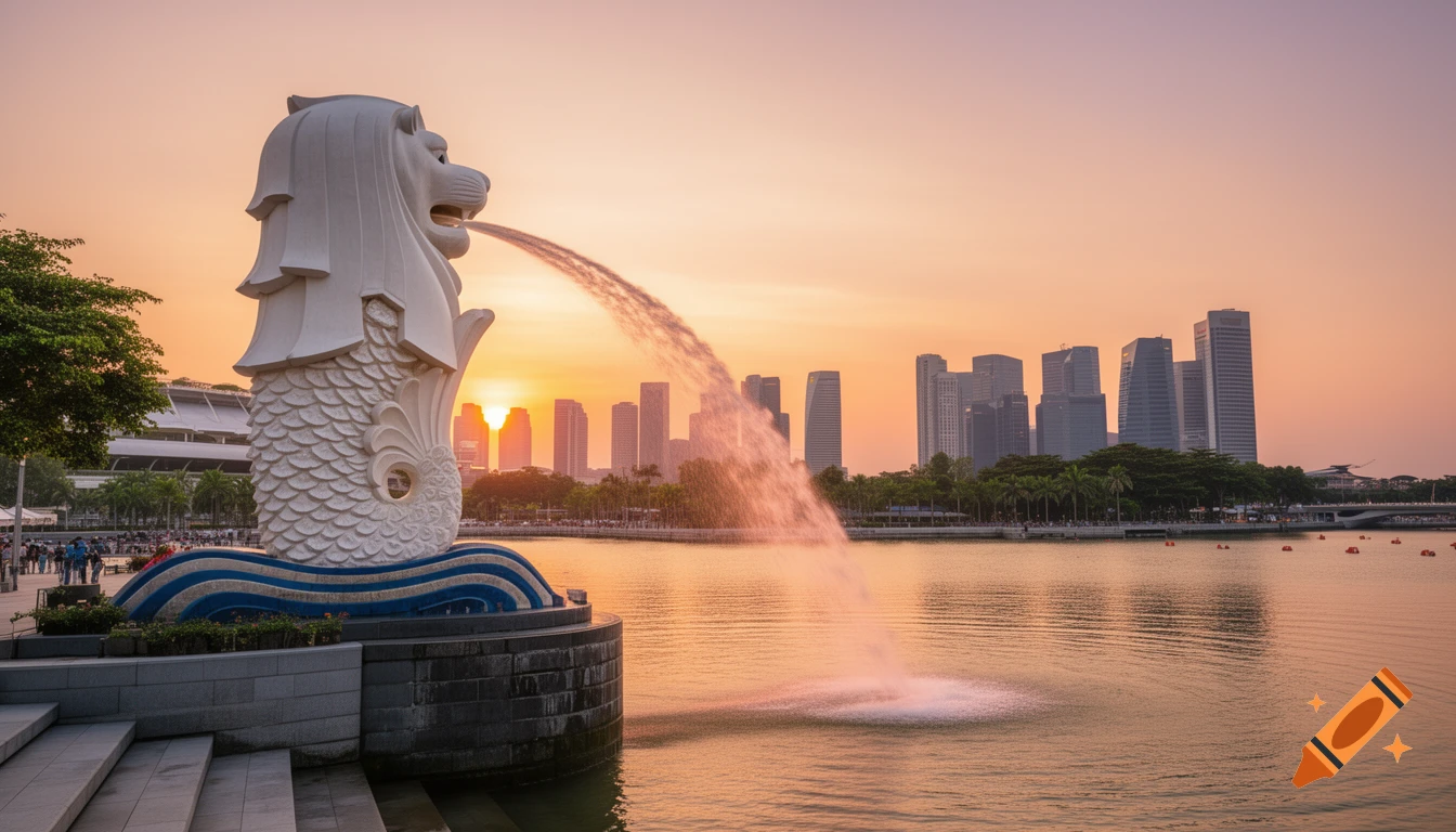 Photorealistic wide-angle view of Singapore's Merlion statue spraying water into the bay with a cityscape backdrop at golden hour.