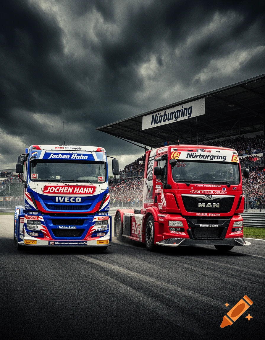 Two racing trucks, one blue and one red, speed side-by-side on a track under a dark, dramatic storm sky, with a Nürburgring banner in the background.