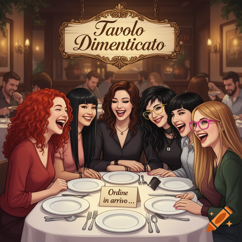 Six laughing women sit around an empty table in a restaurant under a sign reading 'Tavolo Dimenticato'. Digital illustration.