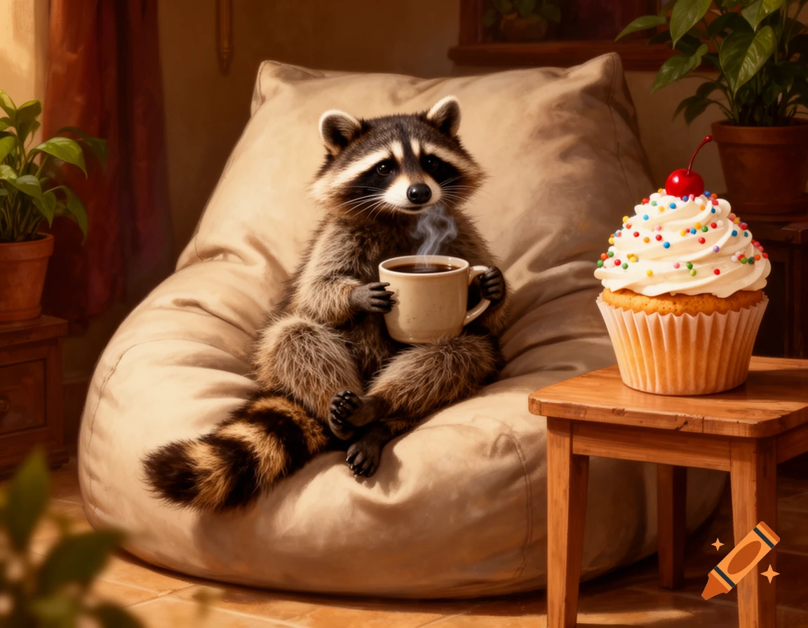 A cozy raccoon sits on a large bean bag, holding a steaming coffee cup, next to a table with a giant cupcake.