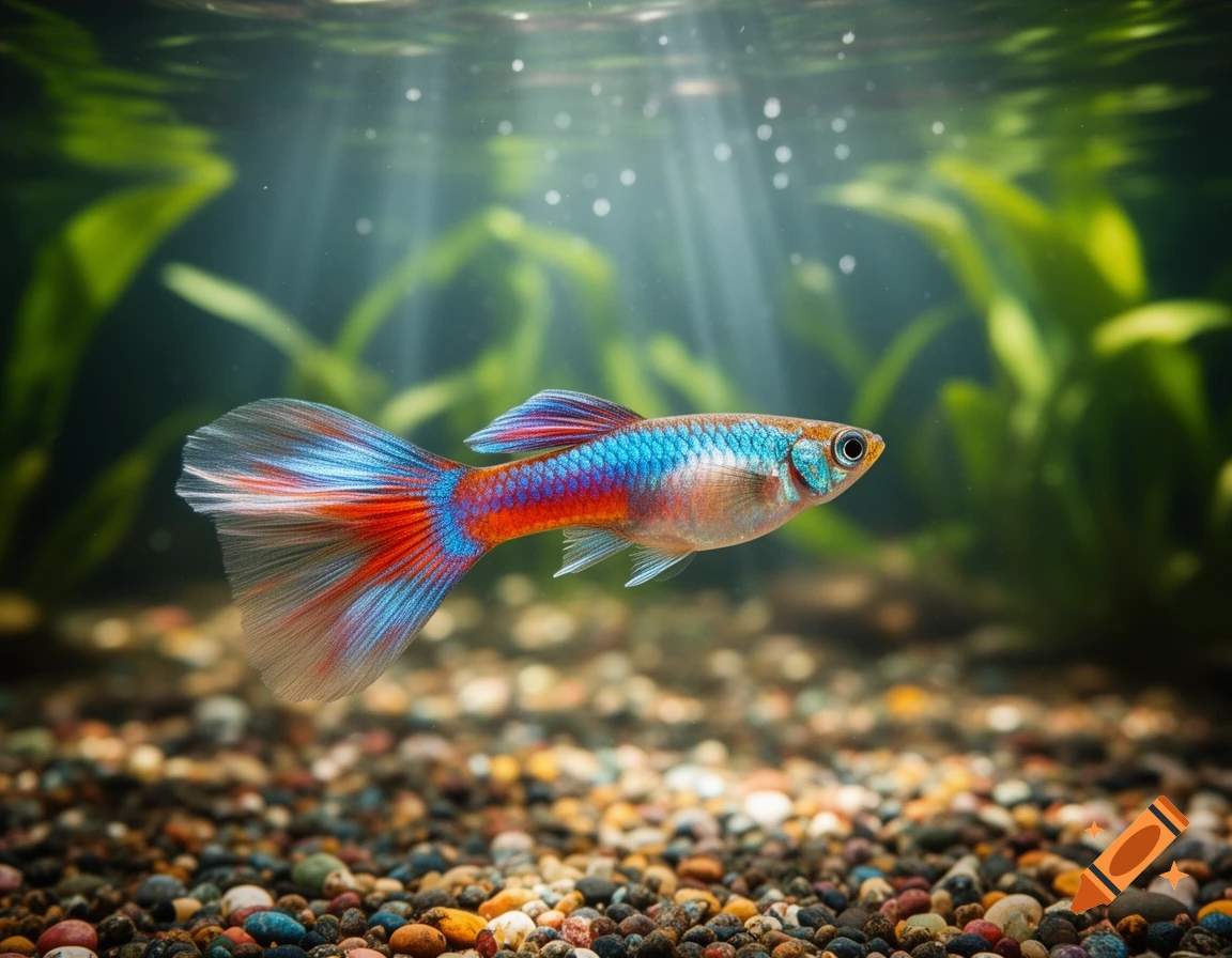 A vibrant guppy fish with blue and red fins swims in a clear aquarium, with green plants in the background and light rays filtering through the water.