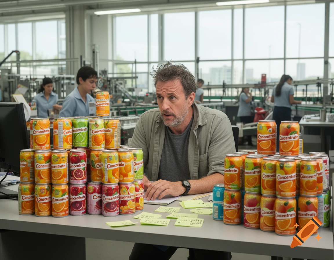 A man sits at a desk in a factory, looking thoughtful, surrounded by many cans of juice concentrate. Other workers are in the background.