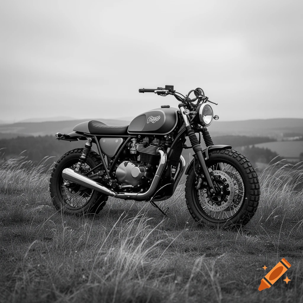 A black and white photograph of a scrambler motorcycle parked on a grassy hillside. Distant hills and a cloudy sky are in the background.