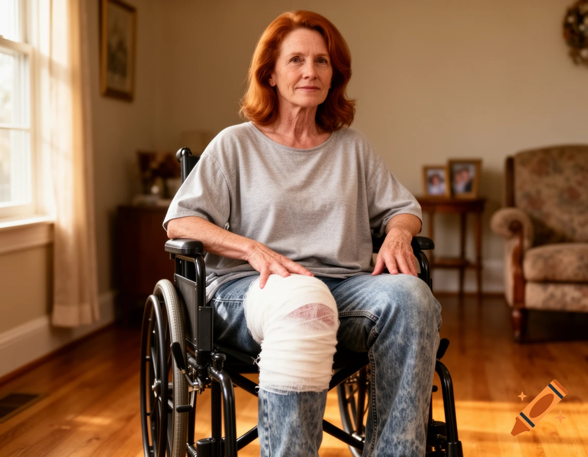 A middle-aged woman with red hair in a wheelchair, with a bandaged right knee, looks at the camera in a sunlit room.