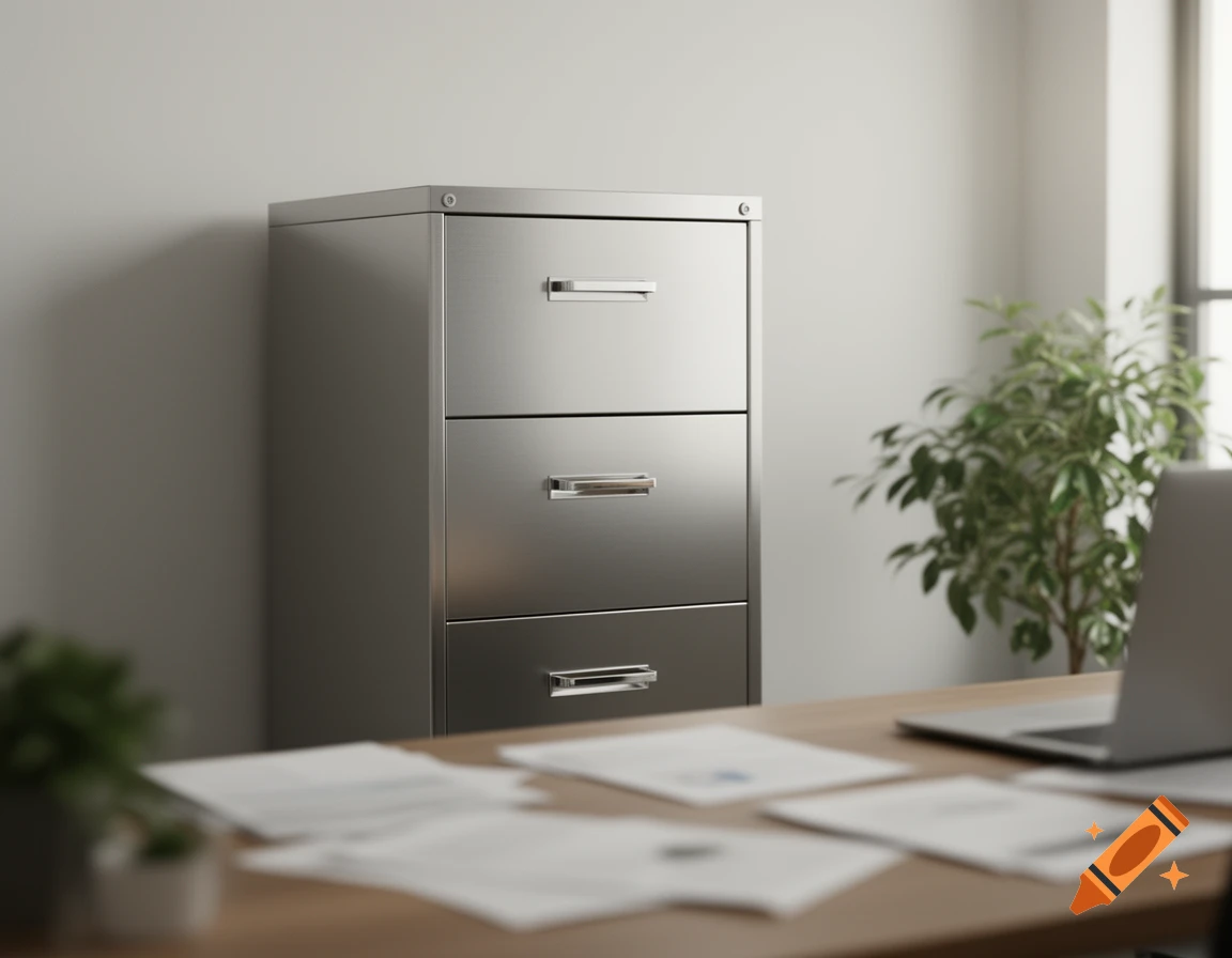 Photorealistic image of a silver metal filing cabinet in an office, a blurred desk with papers in the foreground.